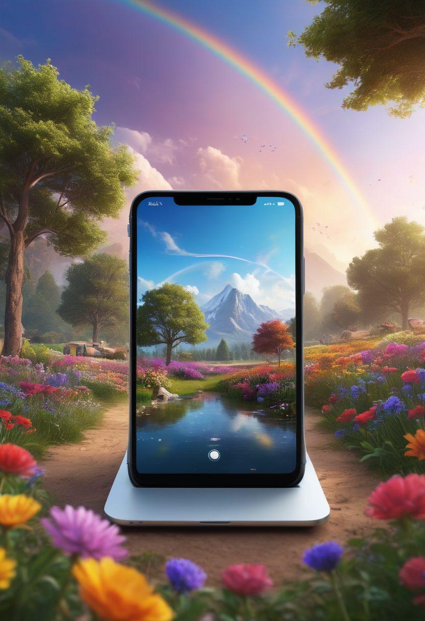 A serene digital scene depicting various e-tools like apps and gadgets, set against a tranquil landscape filled with vibrant flowers and trees symbolizing joy and positivity. Include a person joyfully interacting with these tools, surrounded by soft light and a rainbow in the sky. Emphasize a sense of connection and harmony with nature. super-realistic. vibrant colors. peaceful atmosphere.