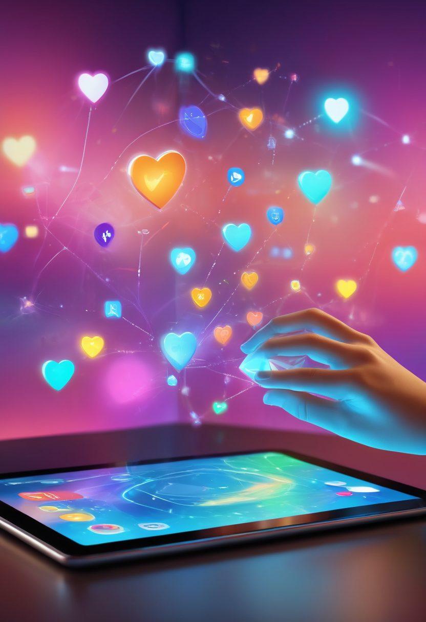A serene digital landscape featuring a person joyfully interacting with a variety of innovative web applications on a sleek tablet. Integrate colorful app icons symbolizing emotional satisfaction around them, alongside abstract representations of happiness like light beams and heart shapes. The setting should be modern and inviting, with soft pastel colors that evoke a sense of tranquility. Include a whimsical, tech-inspired background that suggests connectivity and creativity. super-realistic. vibrant colors. 3D.