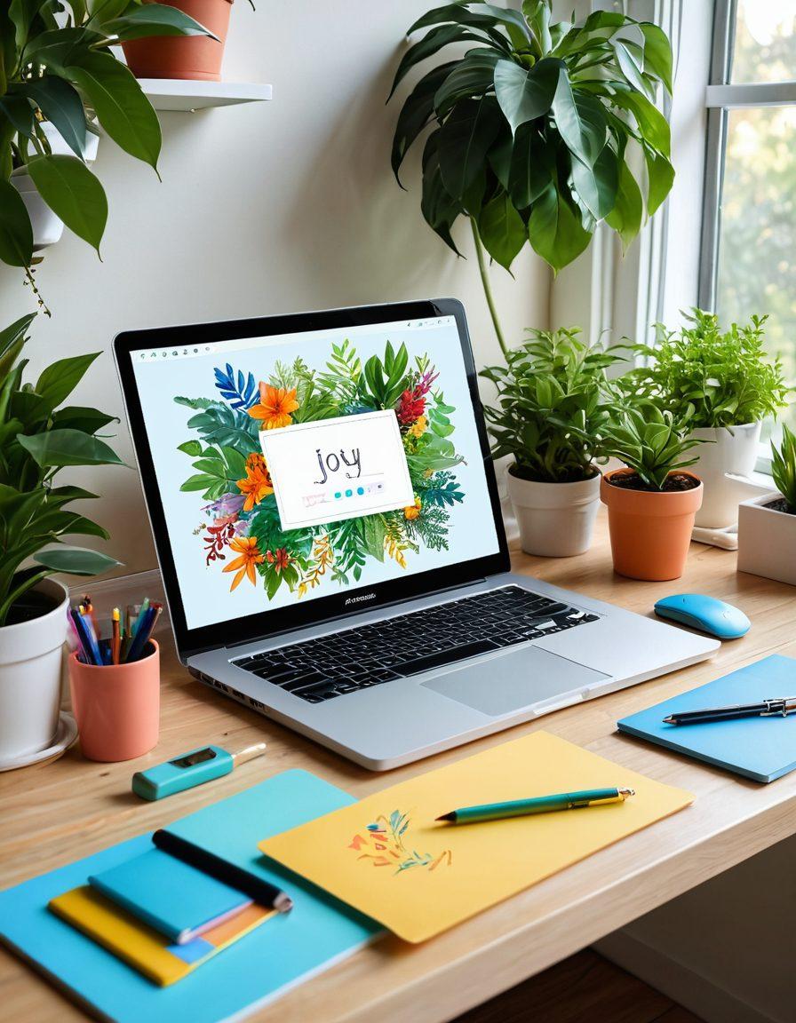 A serene digital workspace featuring a glowing laptop and colorful e-tools on the desk, surrounded by plants and vibrant art depicting joy and wellbeing. The background showcases a sunny window with soft light filtering through, symbolizing positivity and happiness. Include elements such as cheerful icons and uplifting quotes floating in the air. super-realistic. vibrant colors. soft focus.